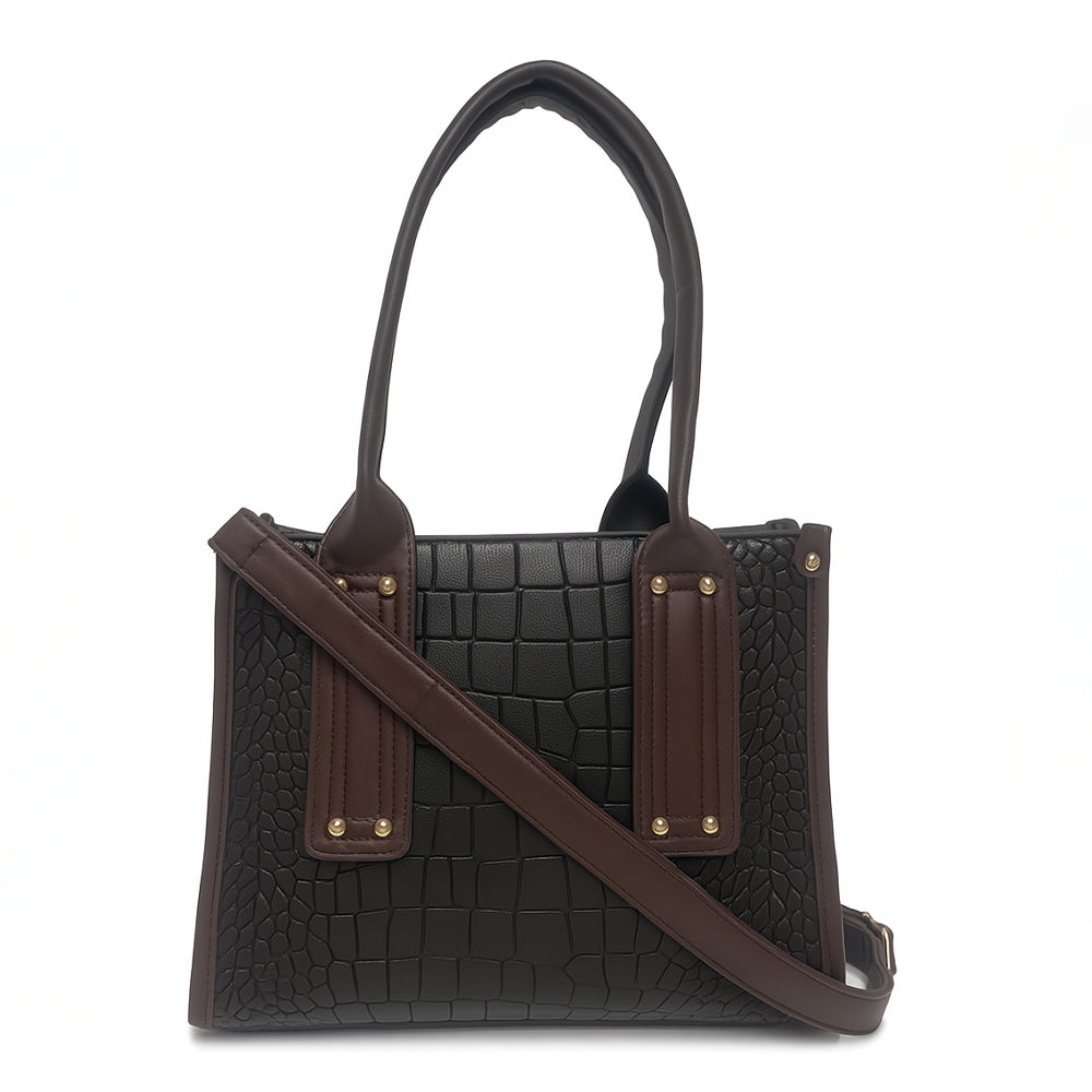 Crocodile Embossed Beige Handbag with Brown Handles