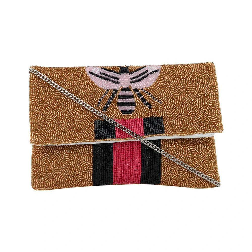 Women’s Bee Embellished Beaded Clutch with Detachable Chain Strap