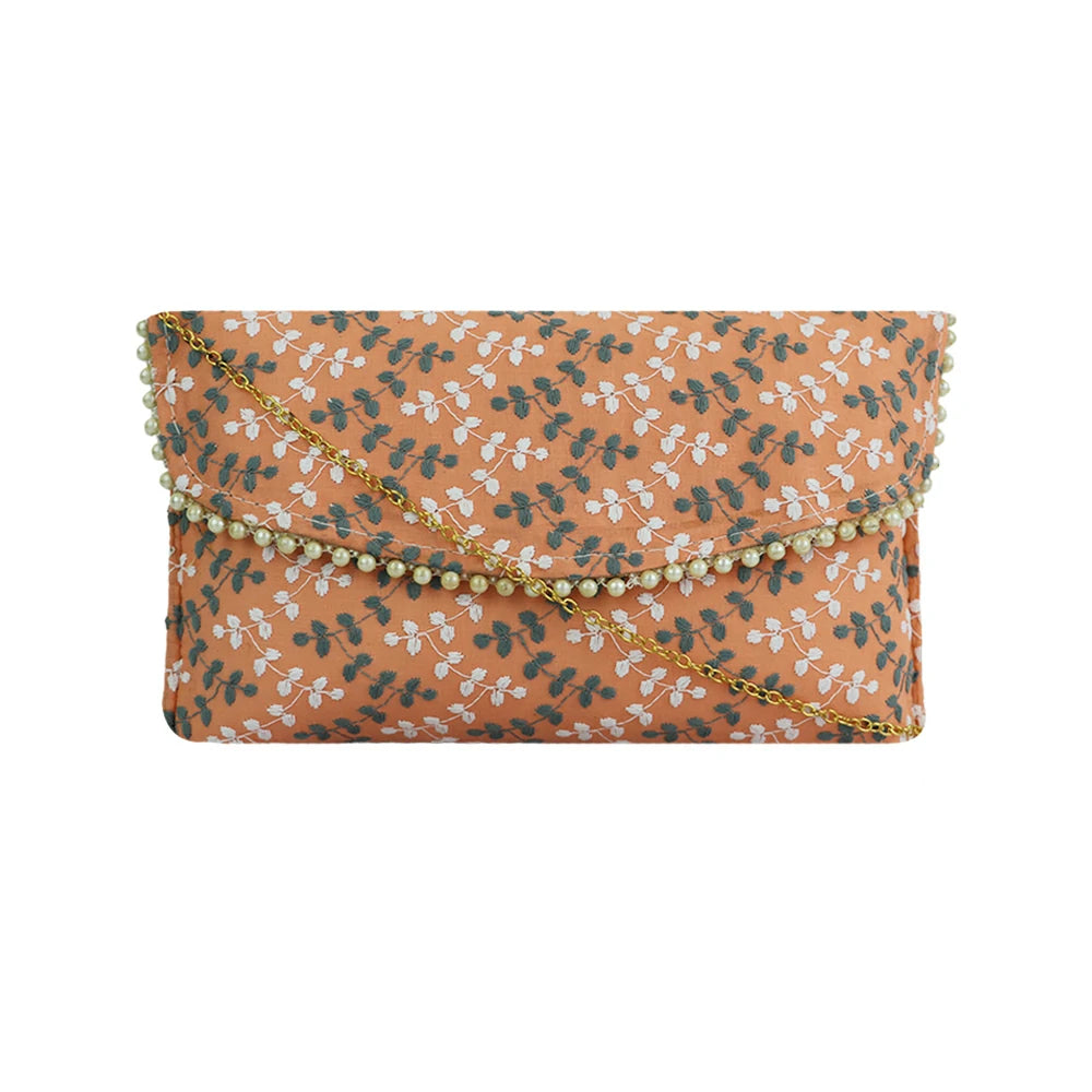 Women’s Floral Embroidered Clutch with Pearl Lace