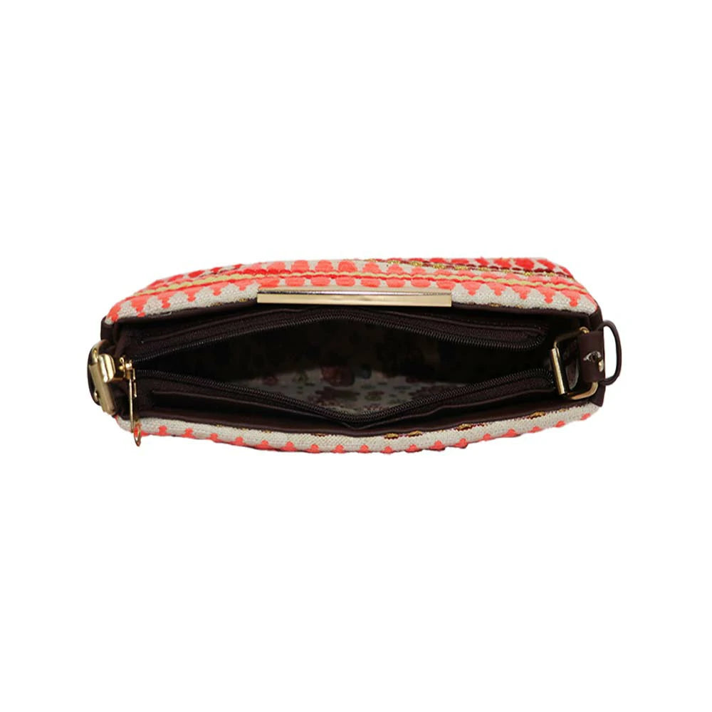 Embroidered Shoulder Bag with Detachable Strap and Zipper Closure