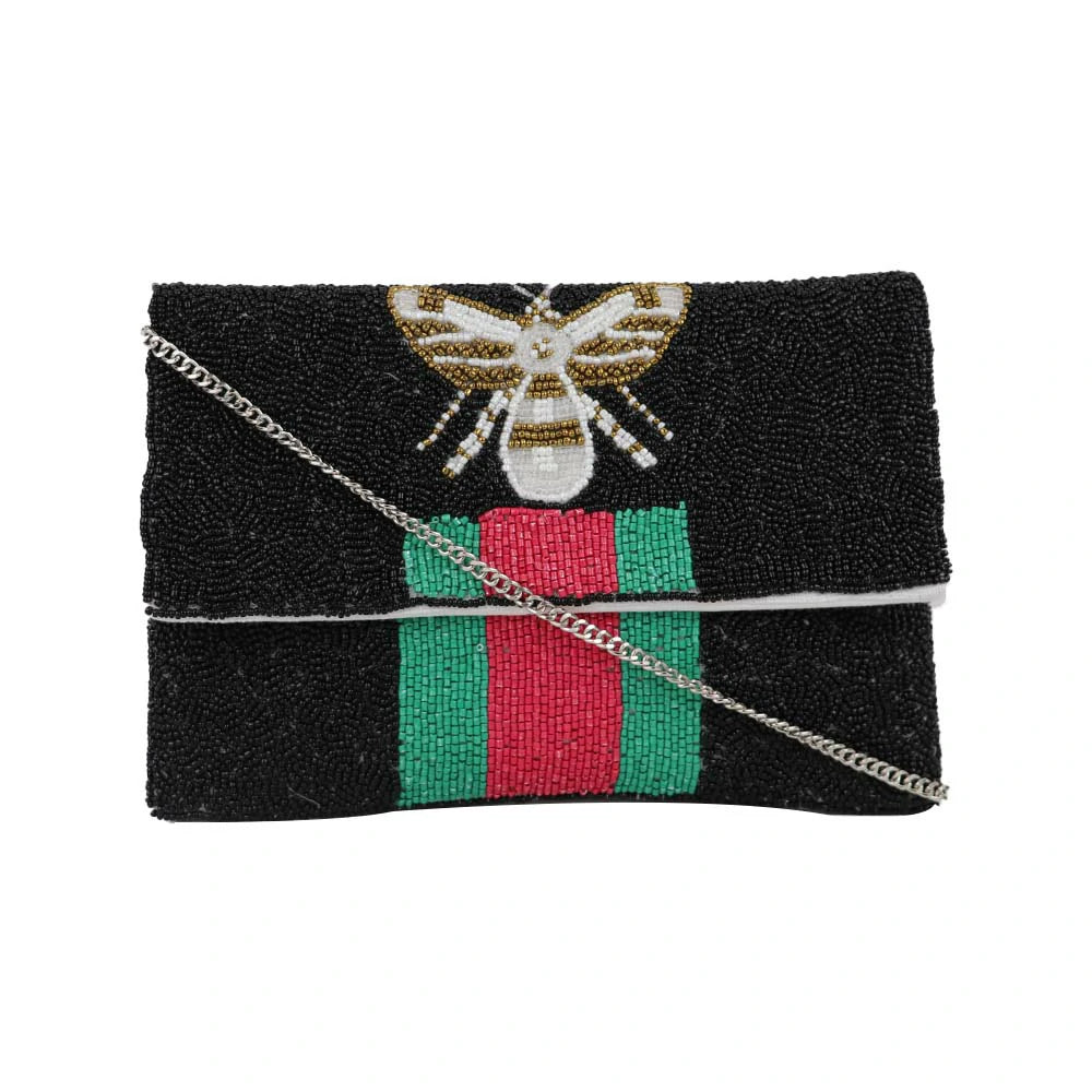 Women’s Bee Embellished Beaded Clutch with Detachable Chain Strap