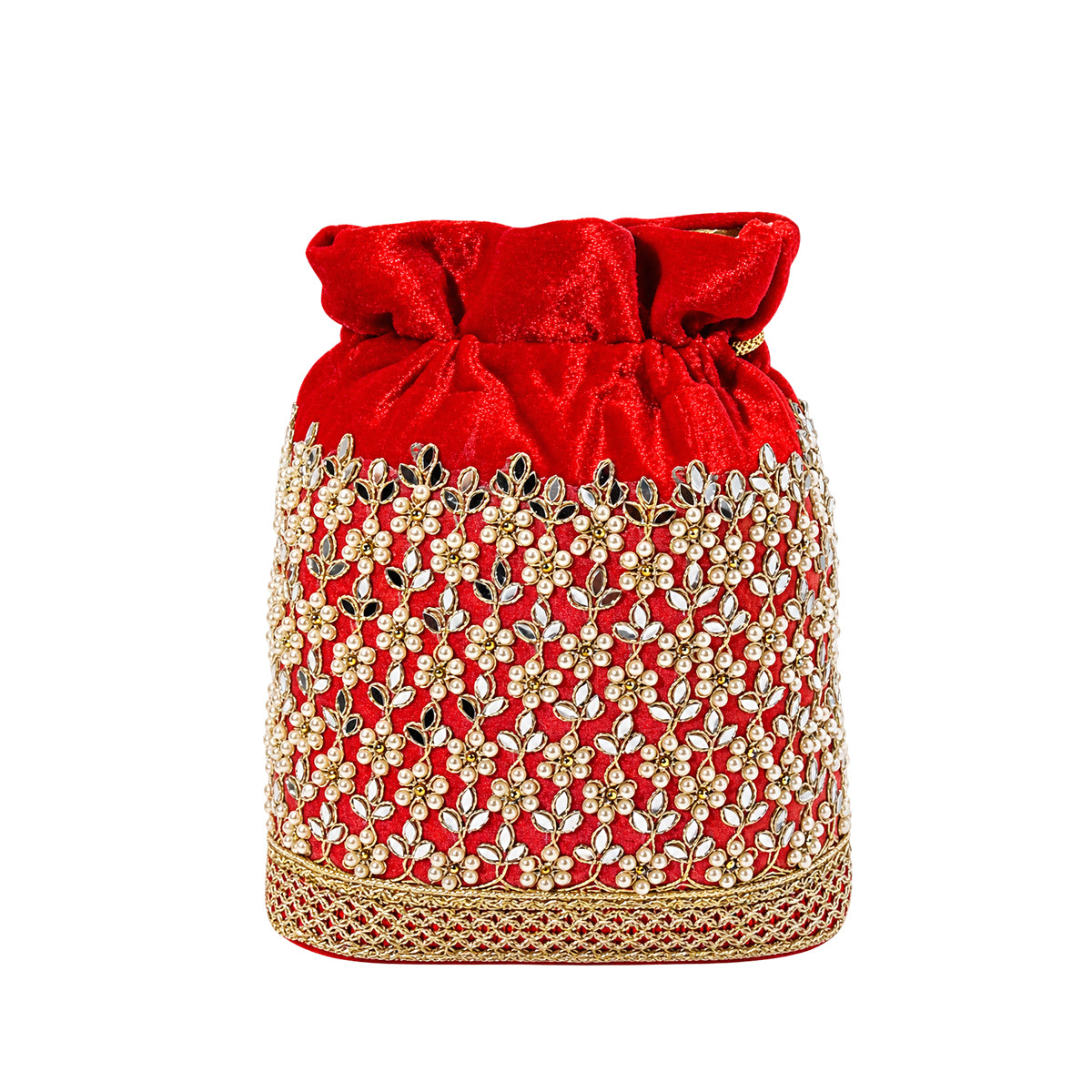 Embroidered Potli Bag with Pearl Beaded Handle & Mirror Work Bag