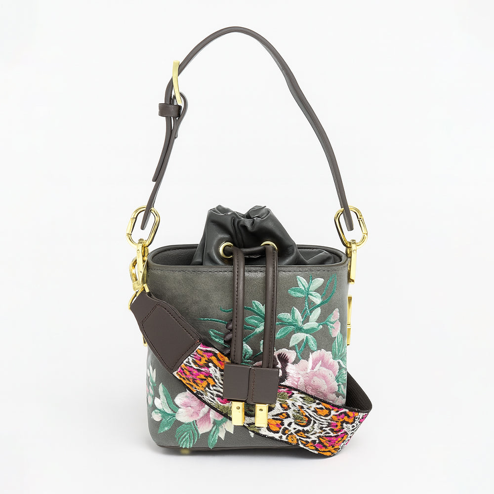 Floral Embroidered Charcoal Bucket Bag with Drawstring Closure