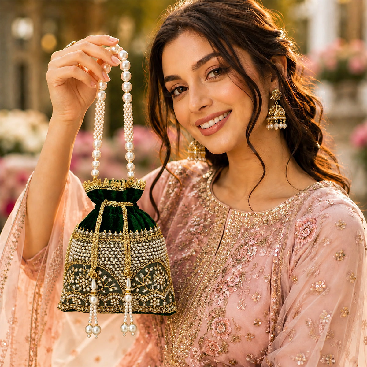 Embroidered Potli Bag with Pearl Beaded Handle & Mirror Work Bag