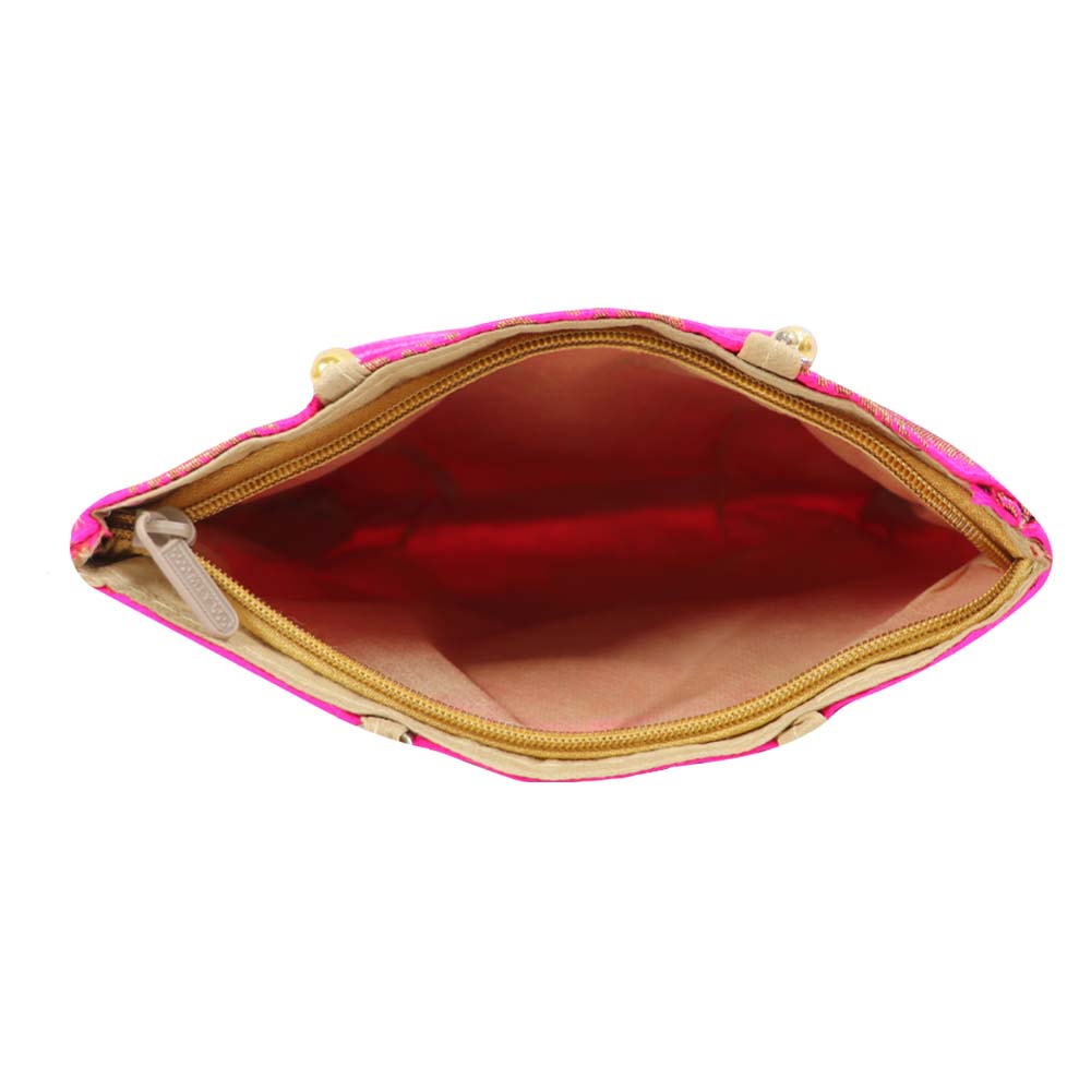 Brocade Handbag with Circular Motif and Wooden Handles