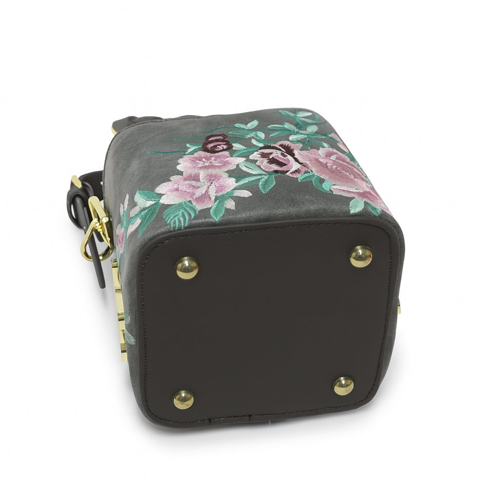 Floral Embroidered Charcoal Bucket Bag with Drawstring Closure