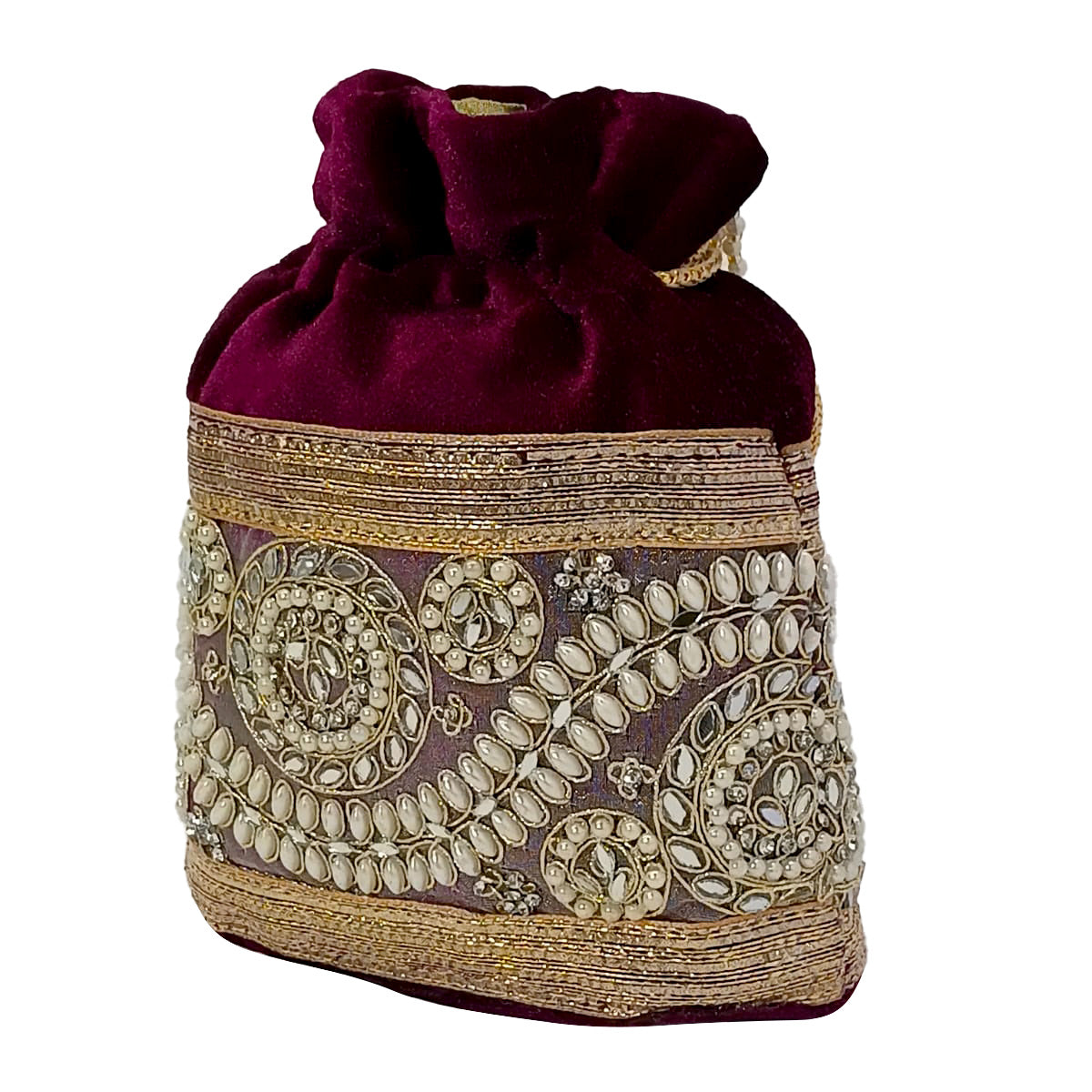 Embroidered Potli Bag with Pearl Beaded Handle & Mirror Work Bag