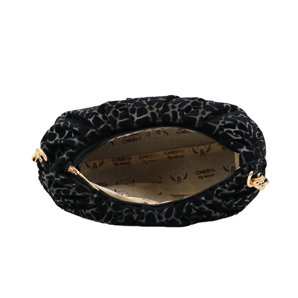 Velvet Pattern Shoulder Bag with Gold Chain Strap Teddy Charm Fashion