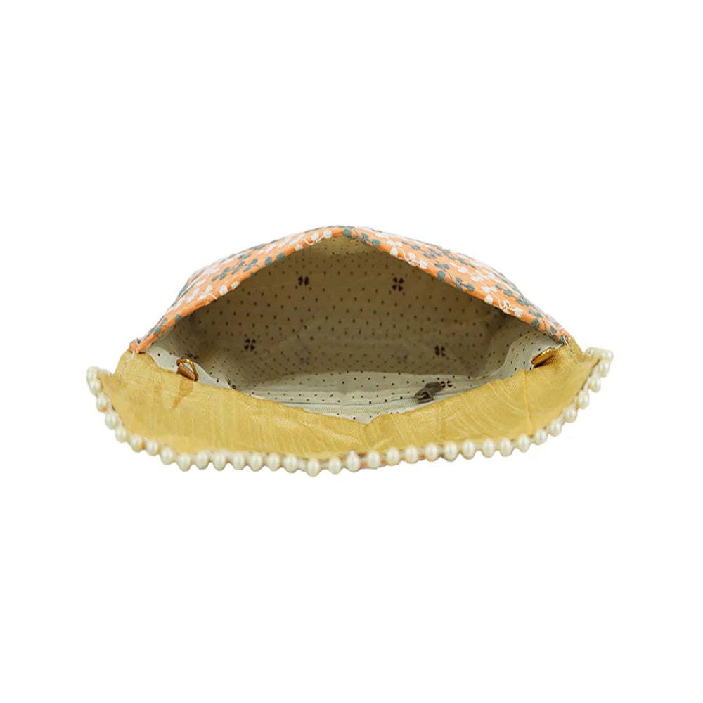 Women’s Floral Embroidered Clutch with Pearl Lace