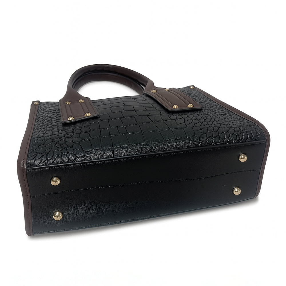 Crocodile Embossed Beige Handbag with Brown Handles