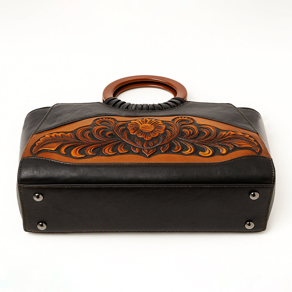 Vintage Leather Carved Floral Handle Bag with Round Resin Handle