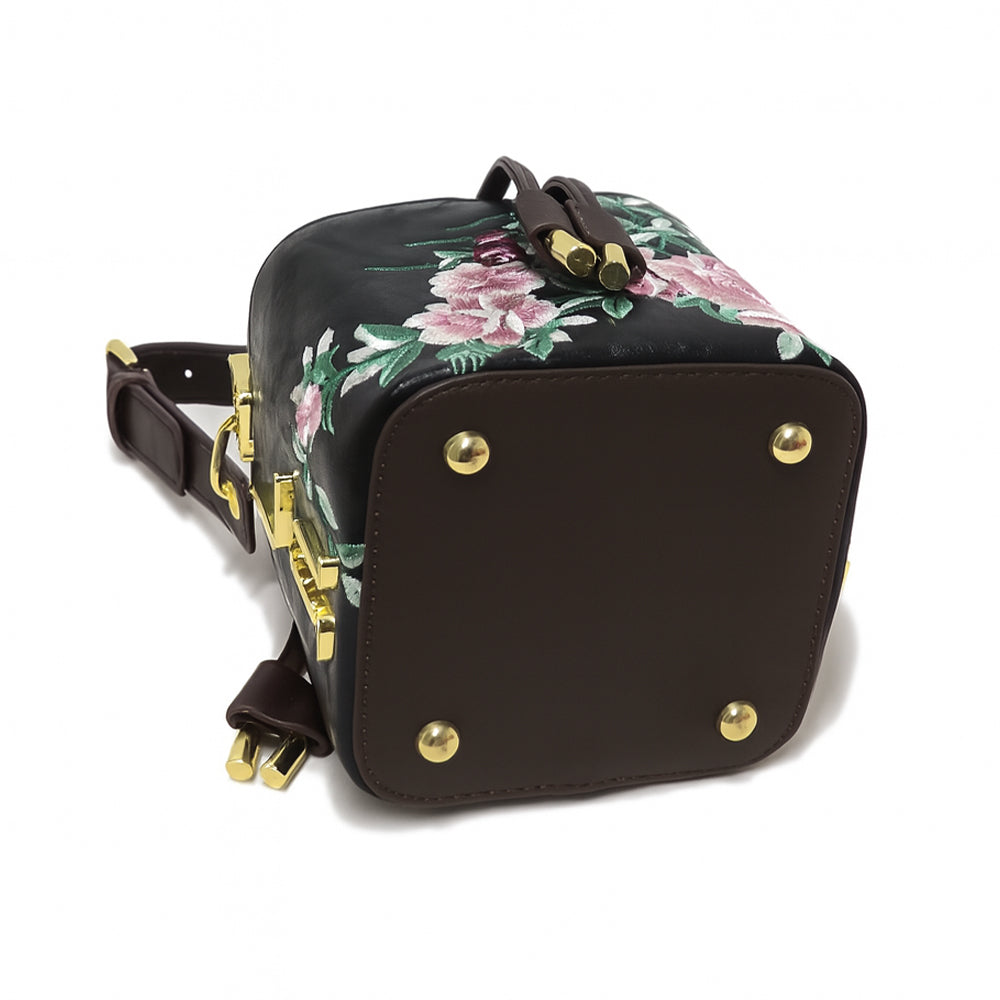 Floral Embroidered Charcoal Bucket Bag with Drawstring Closure