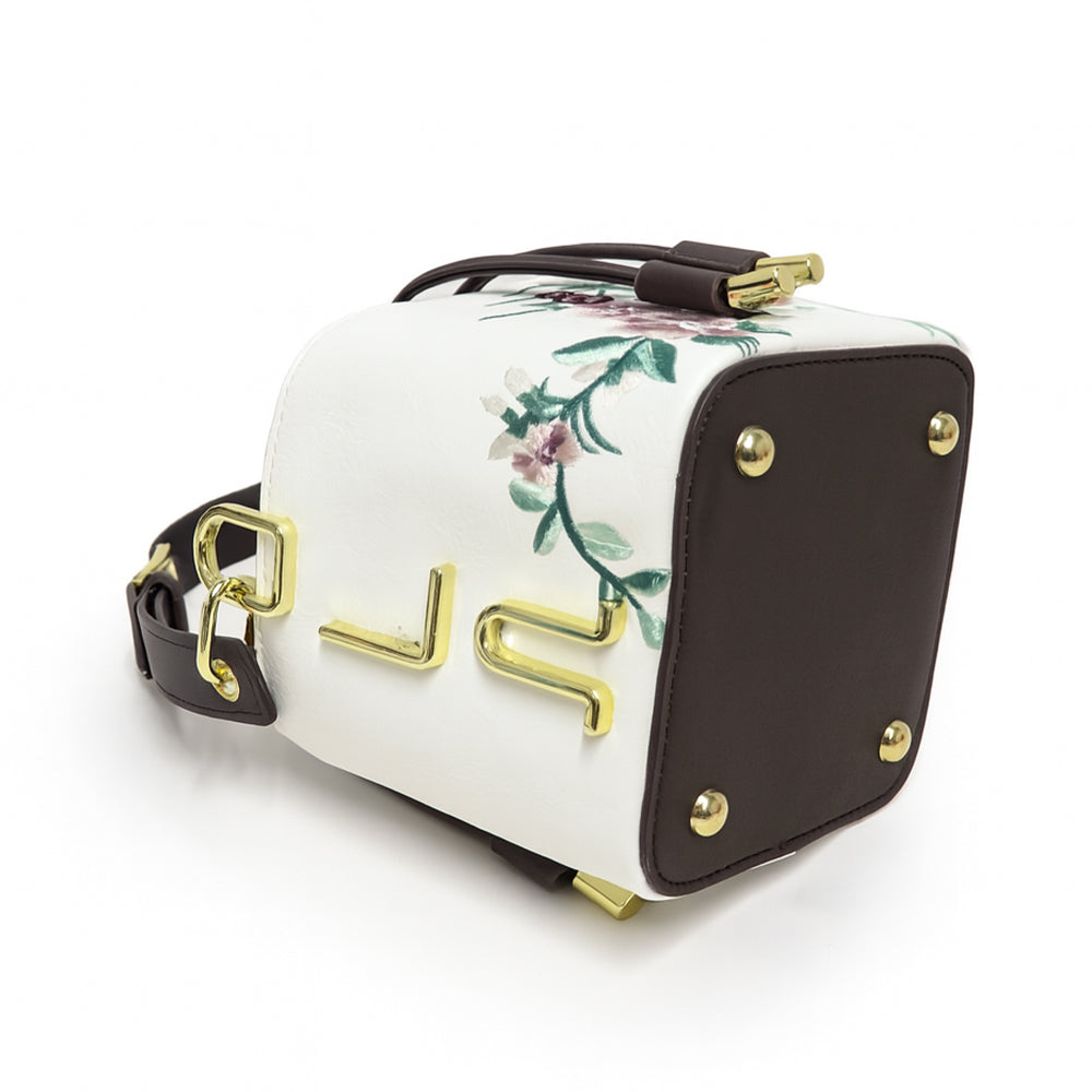 Floral Embroidered Charcoal Bucket Bag with Drawstring Closure