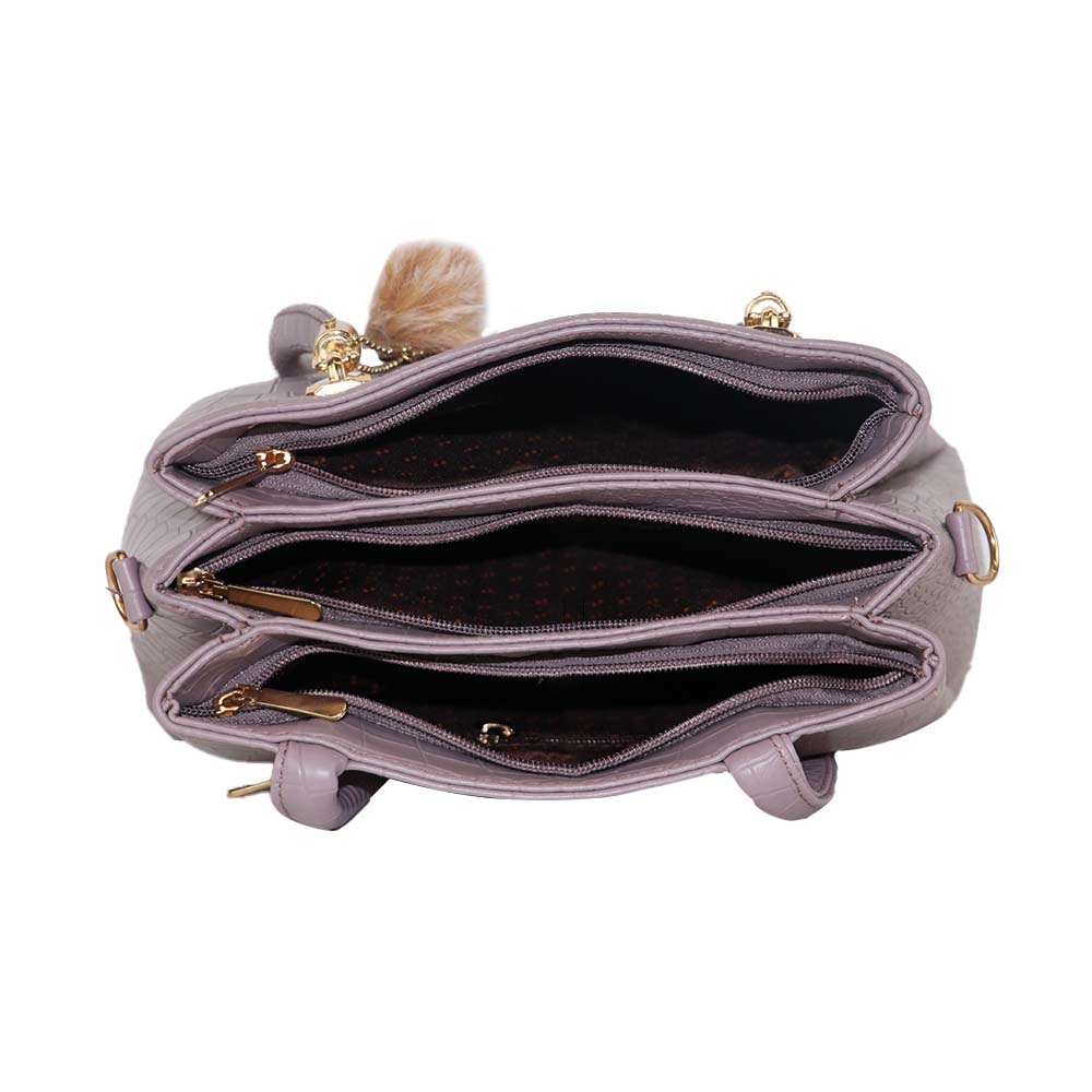 Croc Texture Handbag with Shoulder Strap and Pom Pom Charm Stylish