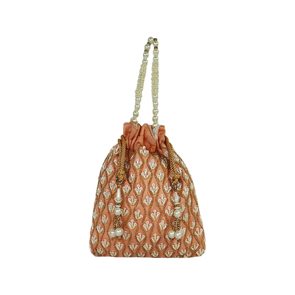 Women’s Peach Embroidered Potli Bag with Pearl Beaded Handle - Peach