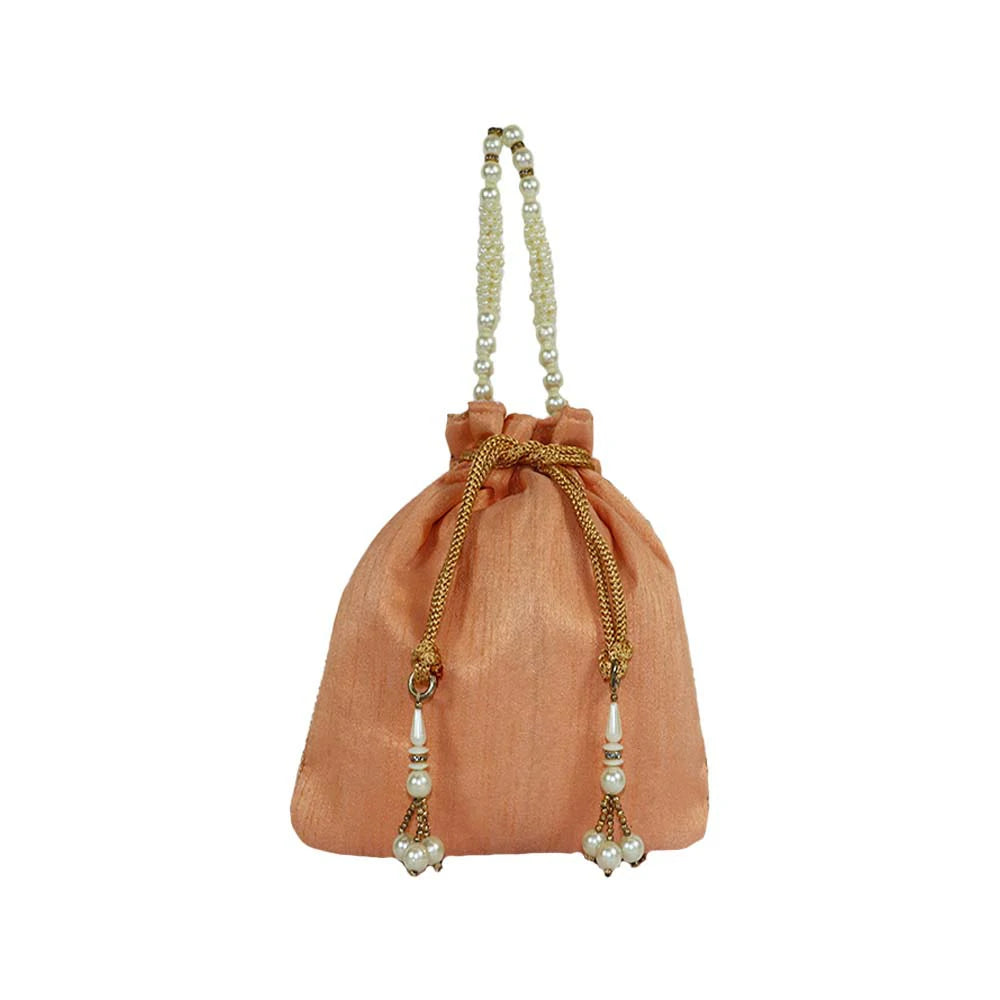 Women’s Peach Embroidered Potli Bag with Pearl Beaded Handle