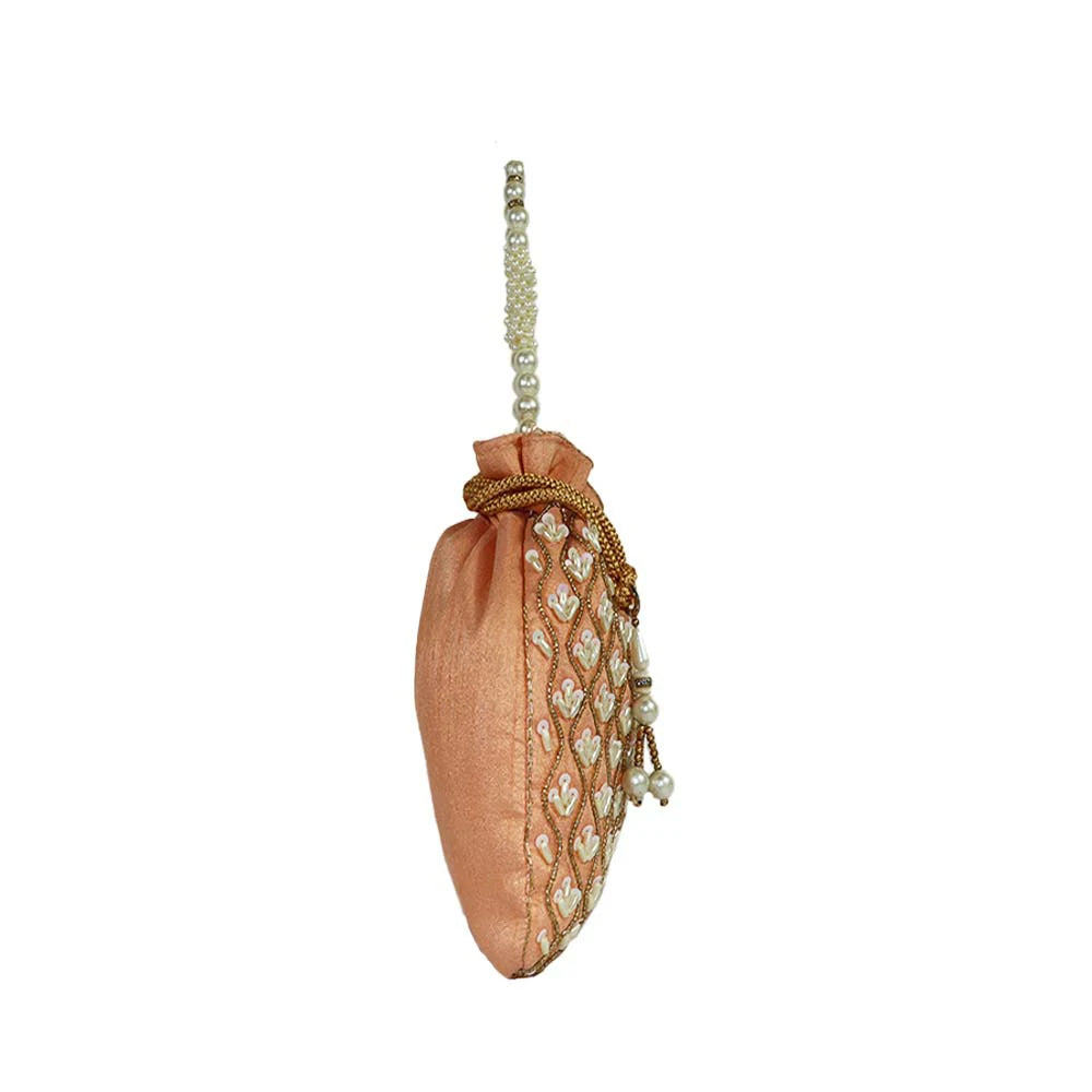 Women’s Peach Embroidered Potli Bag with Pearl Beaded Handle