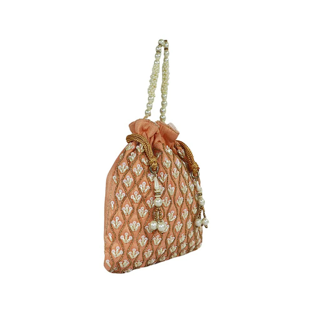 Women’s Peach Embroidered Potli Bag with Pearl Beaded Handle