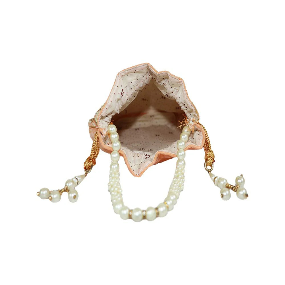 Women’s Peach Embroidered Potli Bag with Pearl Beaded Handle