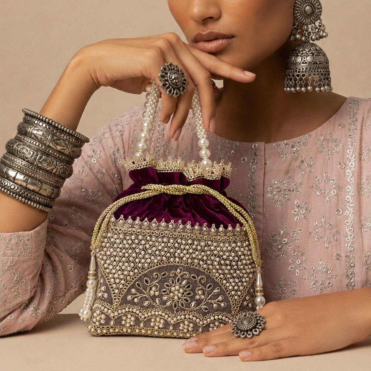 Embroidered Potli Bag with Pearl Beaded Handle & Mirror Work Bag