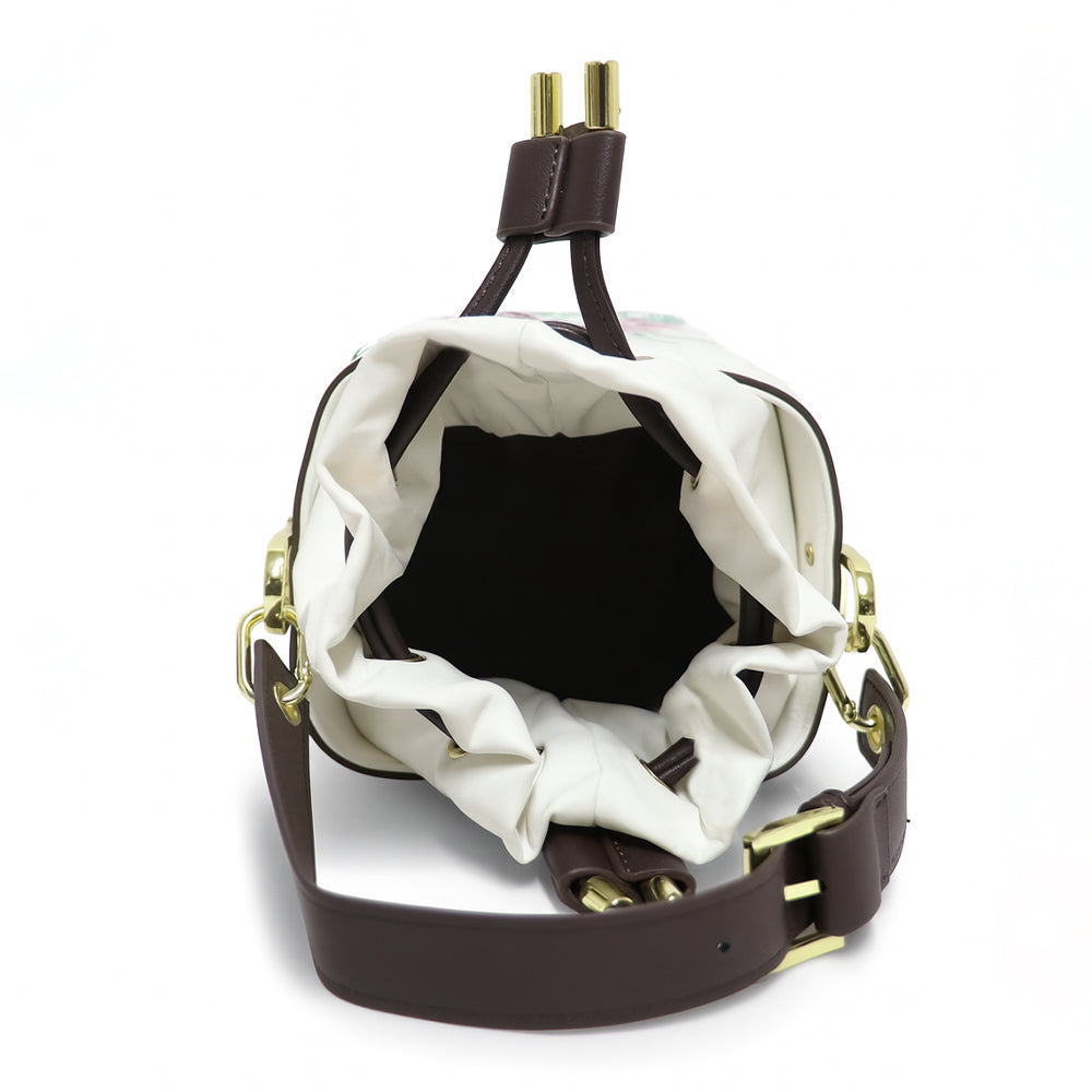 Floral Embroidered Charcoal Bucket Bag with Drawstring Closure