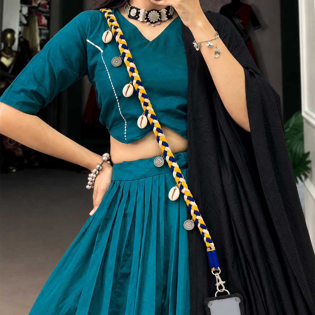 Braided Mobile Sling & Bag Strap for Women - Navy Blue