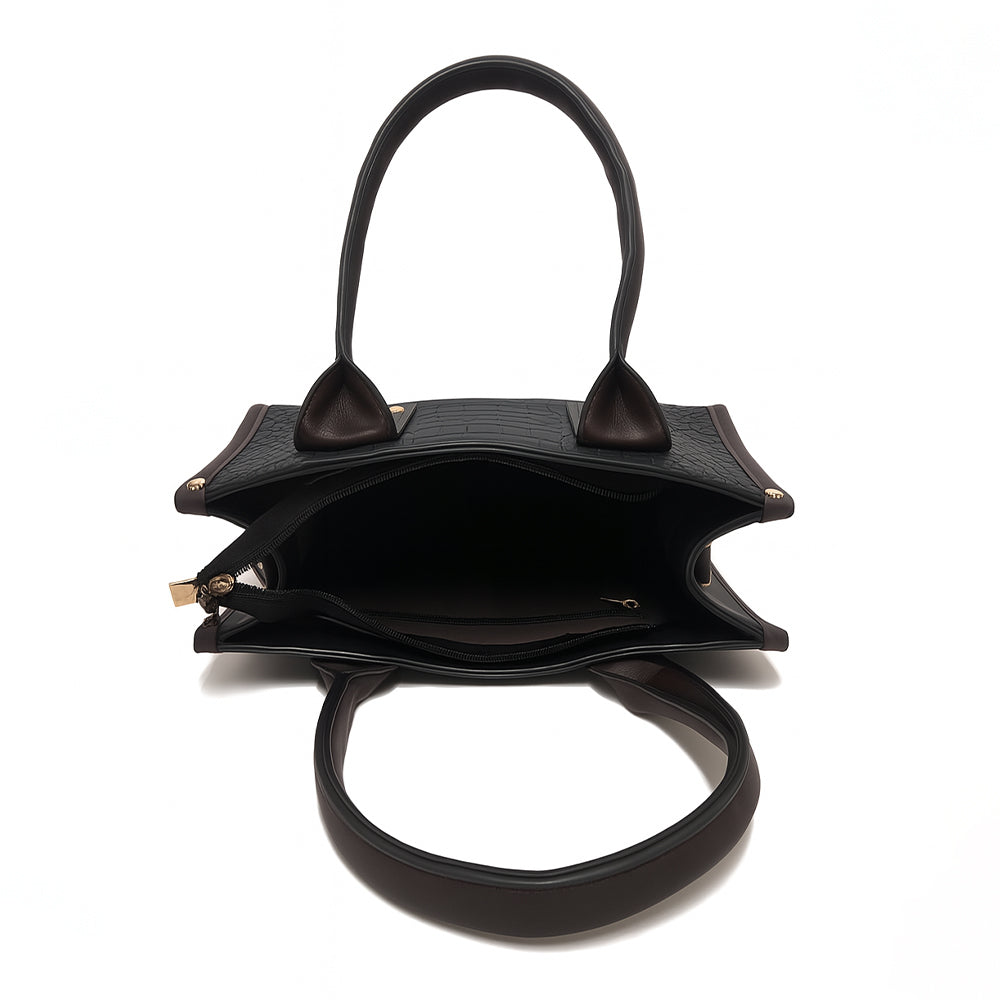 Crocodile Embossed Beige Handbag with Brown Handles