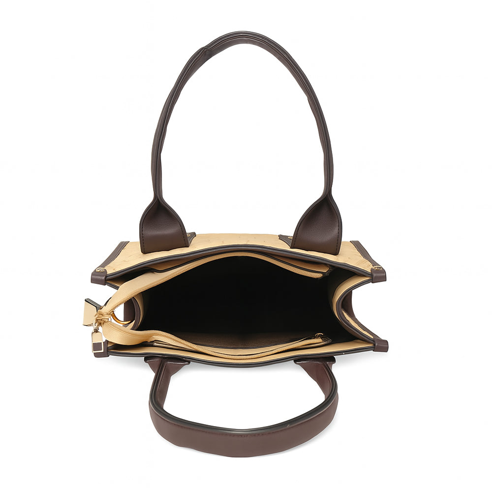 Crocodile Embossed Beige Handbag with Brown Handles