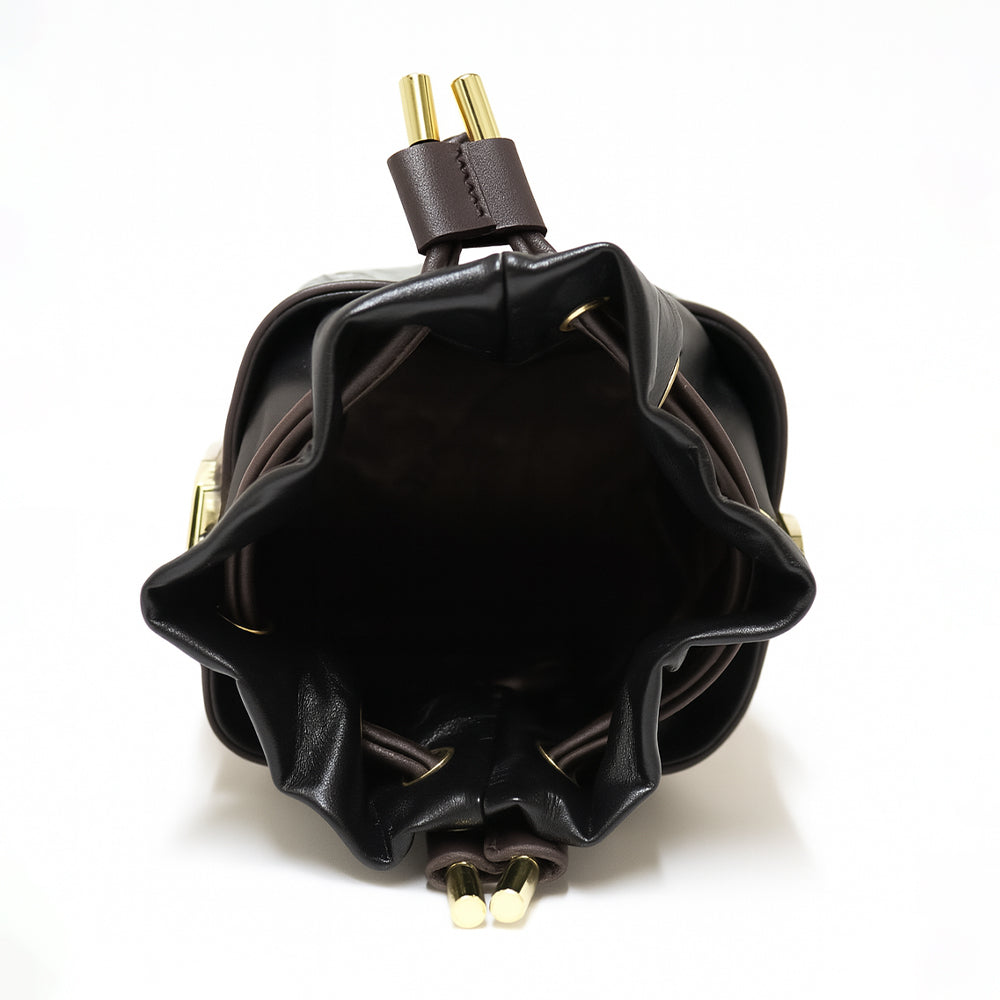 Floral Embroidered Charcoal Bucket Bag with Drawstring Closure