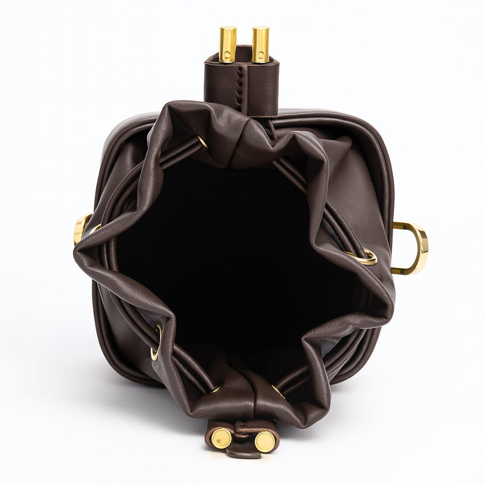 Floral Embroidered Charcoal Bucket Bag with Drawstring Closure