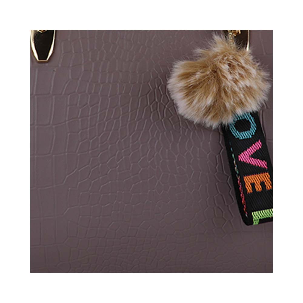 Croc Texture Handbag with Shoulder Strap and Pom Pom Charm Stylish