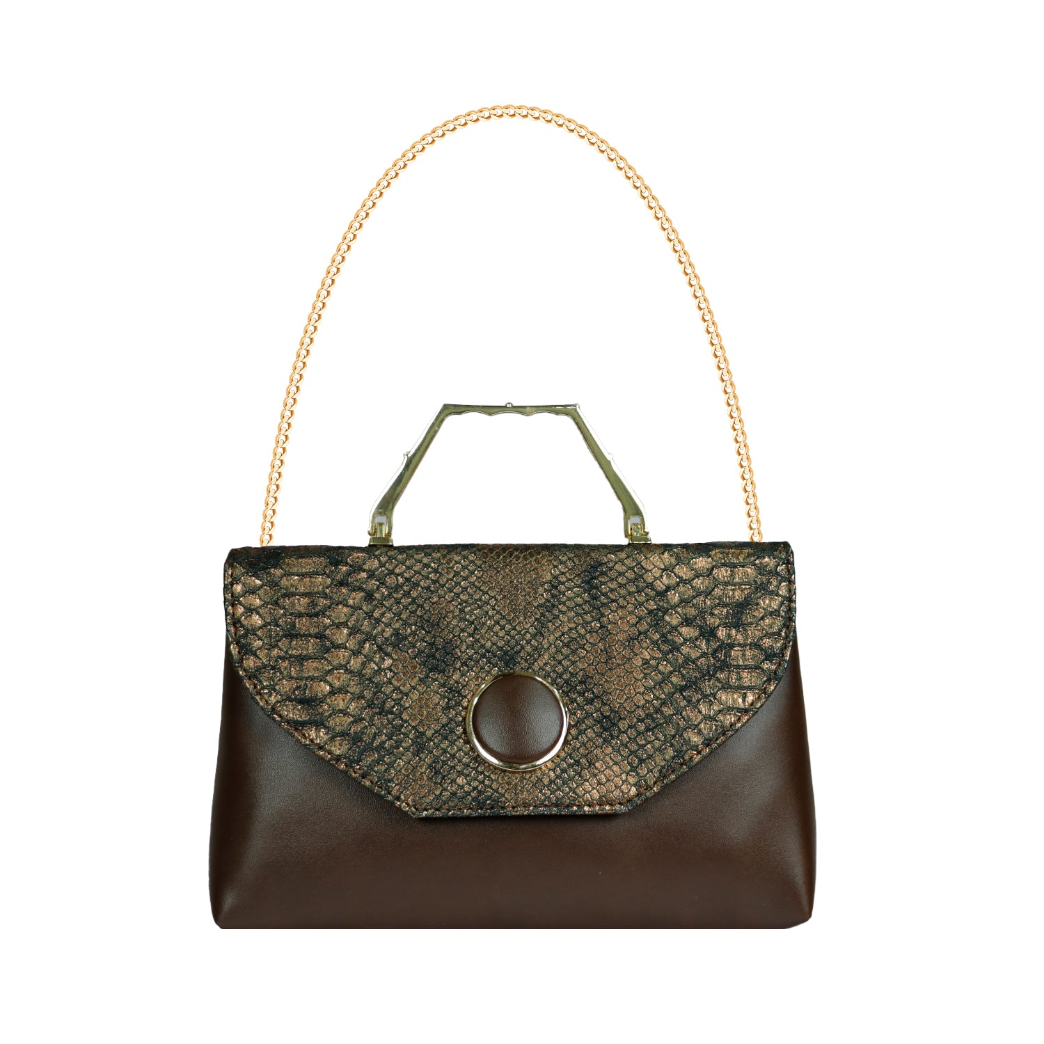 Texture Flap Handbag with Metal Handle and Gold Chain Strap Stylish Party Shoulder Bag - Brown