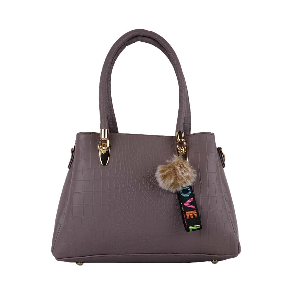 Croc Texture Handbag with Shoulder Strap and Pom Pom Charm Stylish