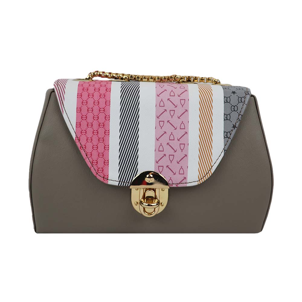 Chain Strap Sling Bag with Pattern Flap bag - Brown