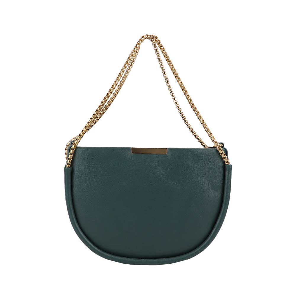 Semi Circle Sling Bag with Gold Chain Strap - Dark Green