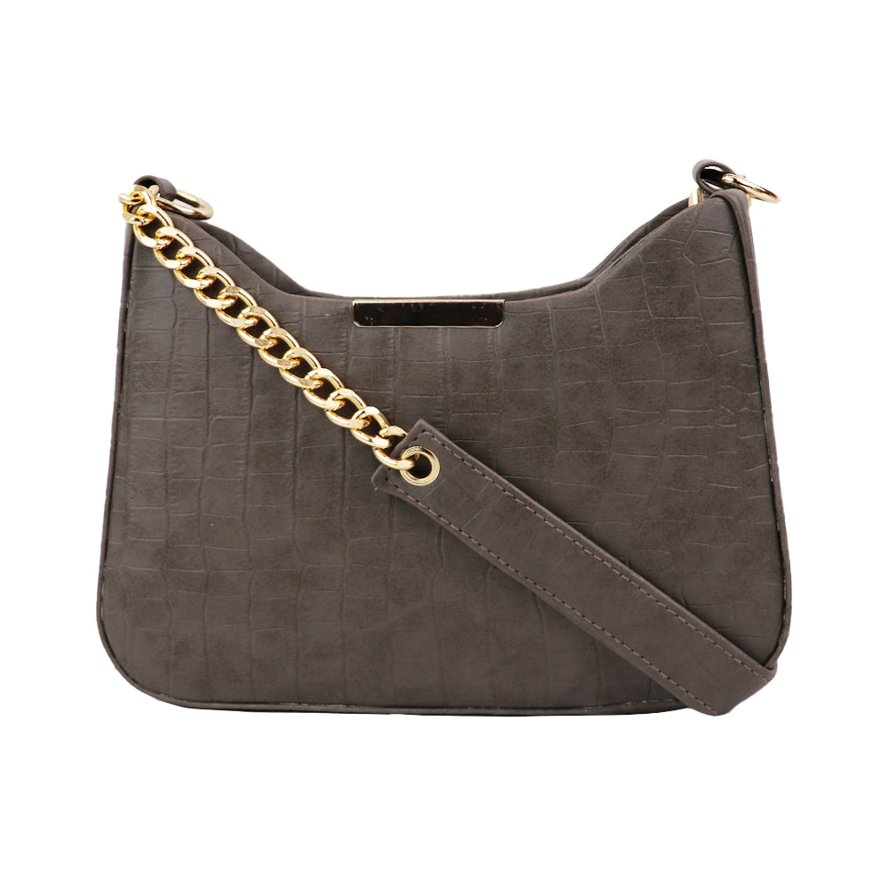 Texture Sling Bag with Gold Chain Strap - Grey