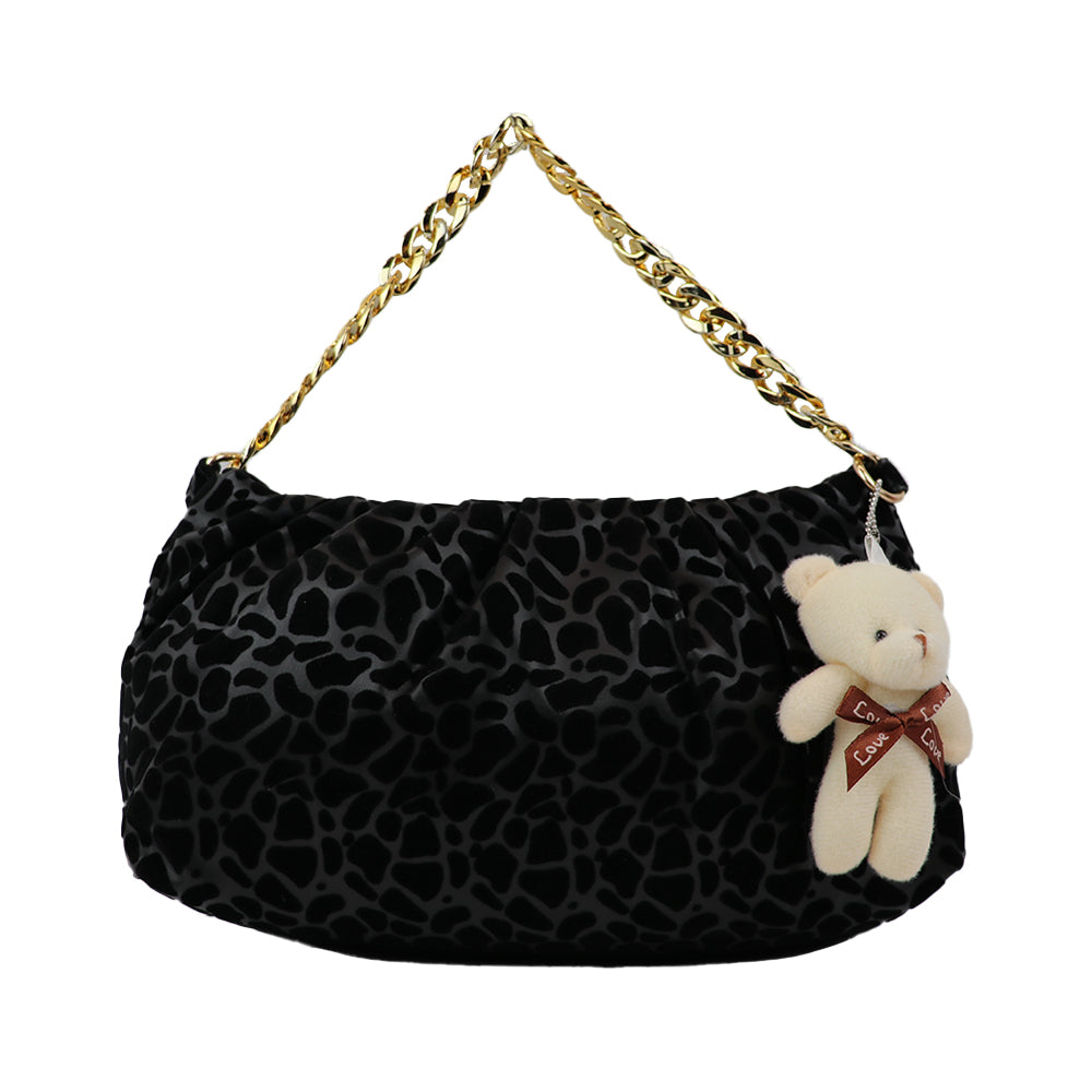 Velvet Pattern Shoulder Bag with Gold Chain Strap Teddy Charm Fashion - Black