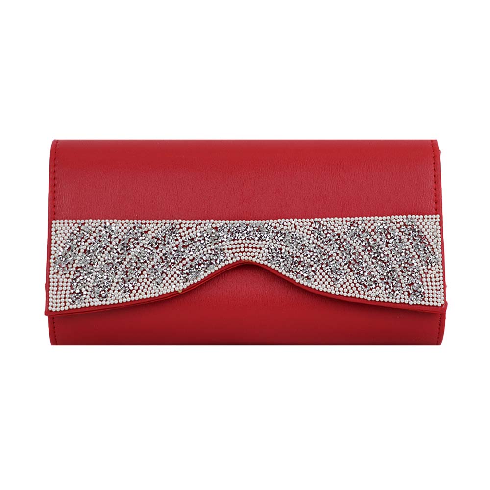 Party Clutch with Rhinestone Wave Design and Chain Strap Stylish Evening Bag - red
