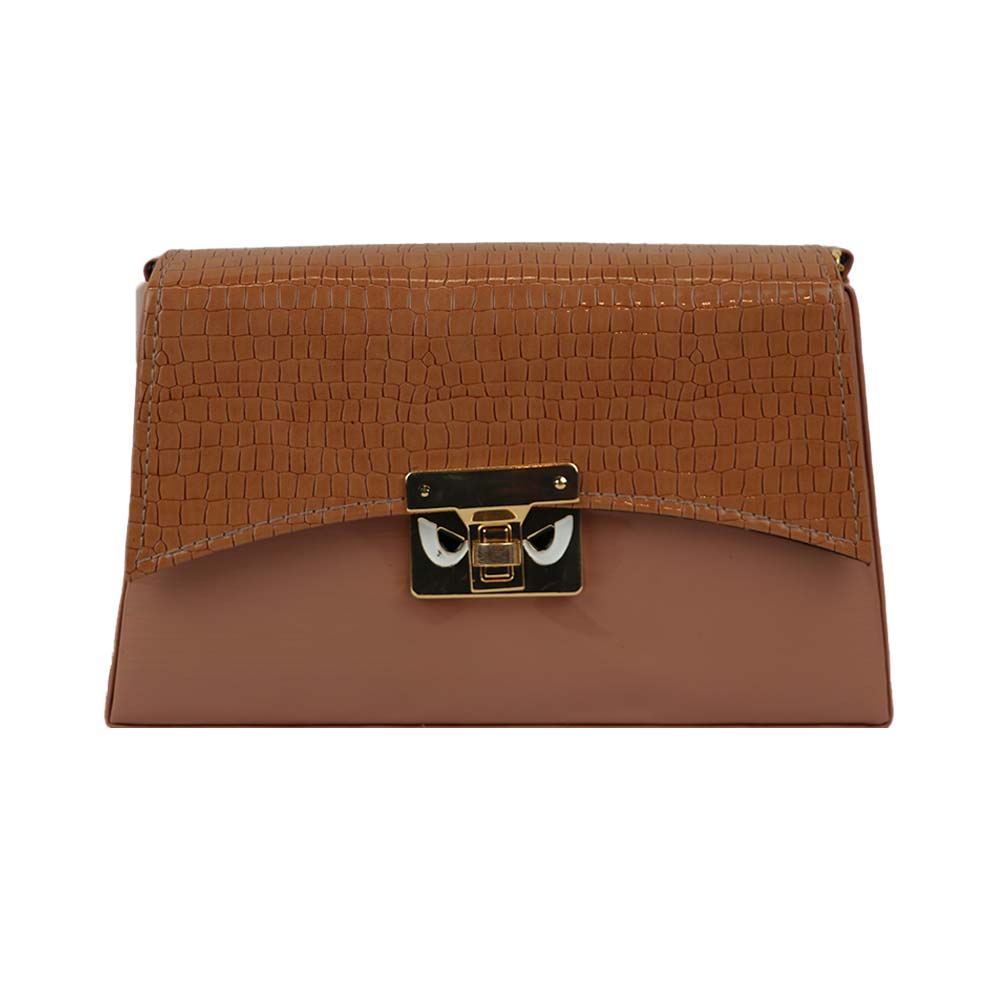 Texture Sling Bag with Gold Chain Strap - Brown