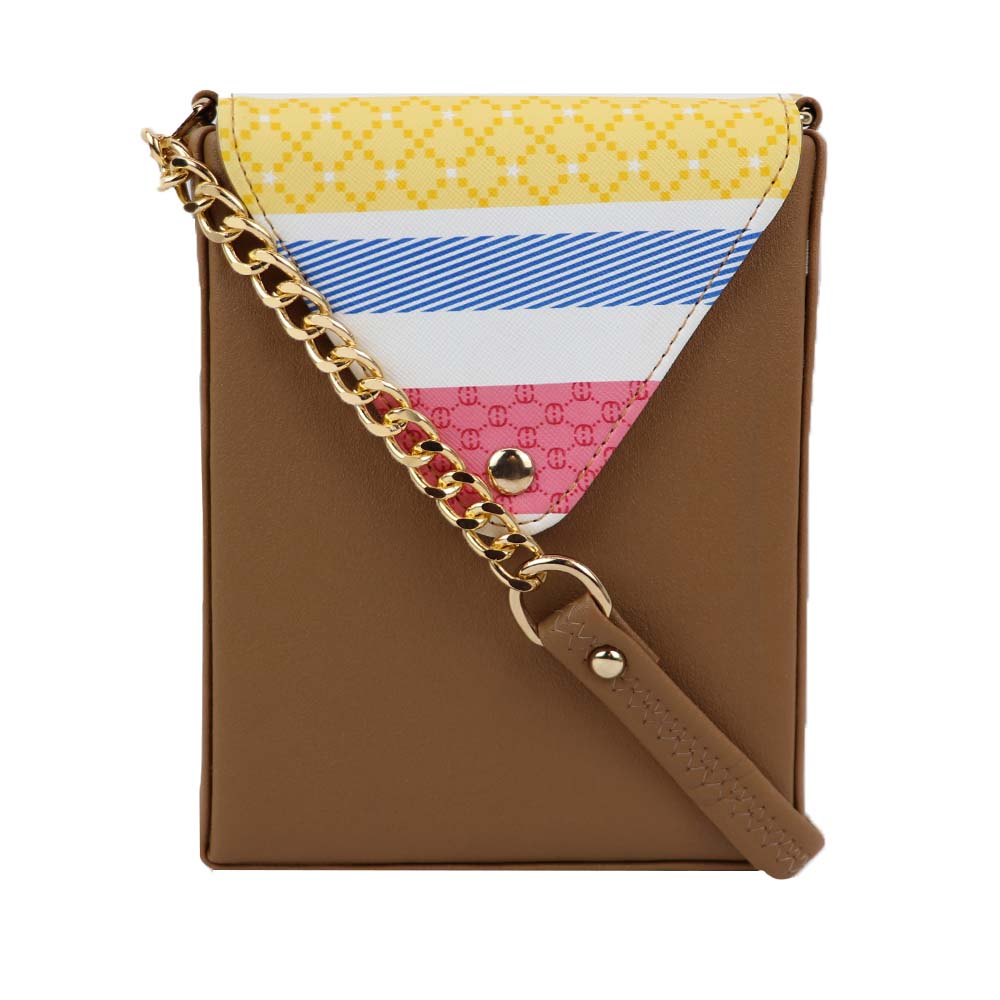 Texture Sling Bag with Gold Chain Strap - Brown