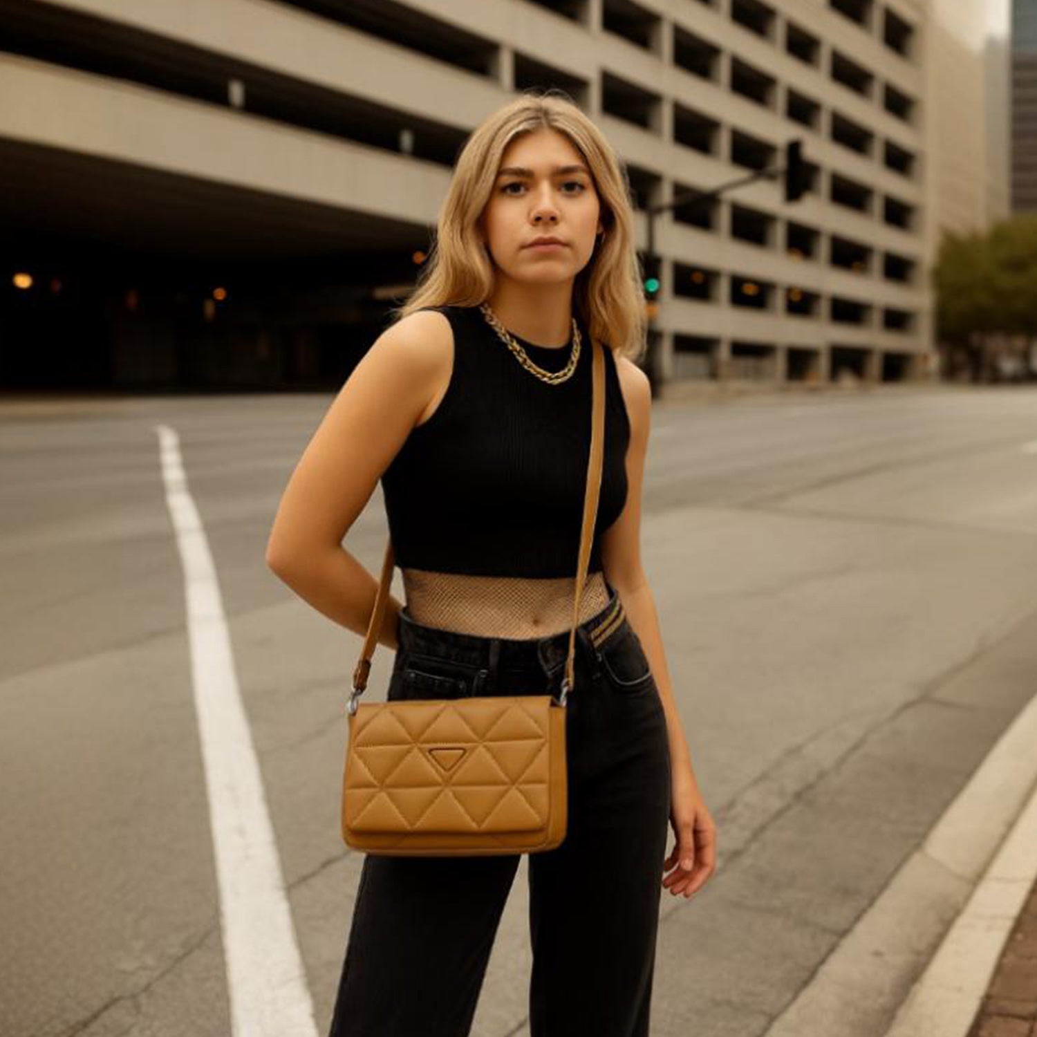 Quilted Crossbody Bag with Mini Pouch - Brown / Beige