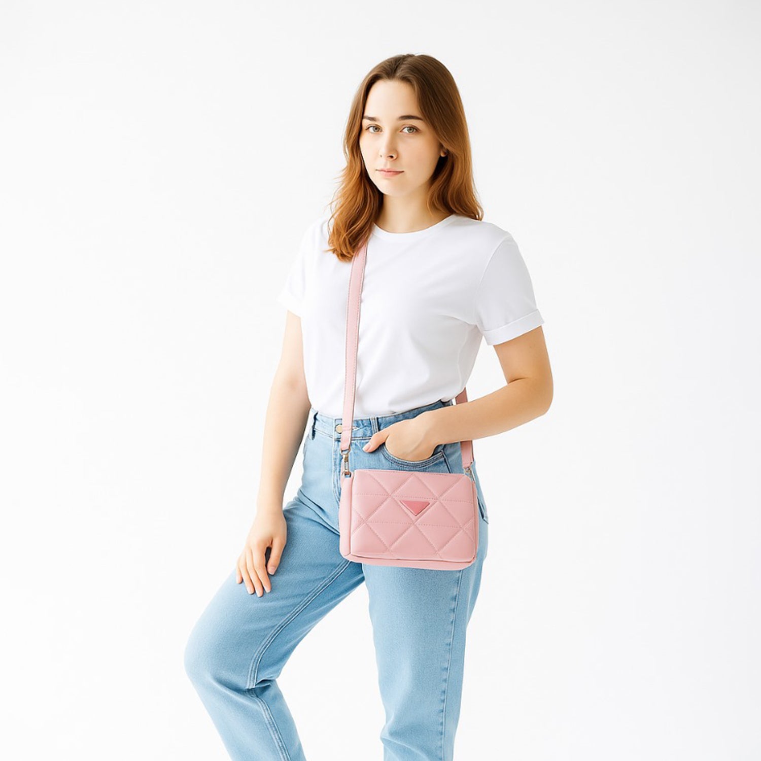 Quilted Crossbody Bag with Mini Pouch - Peach
