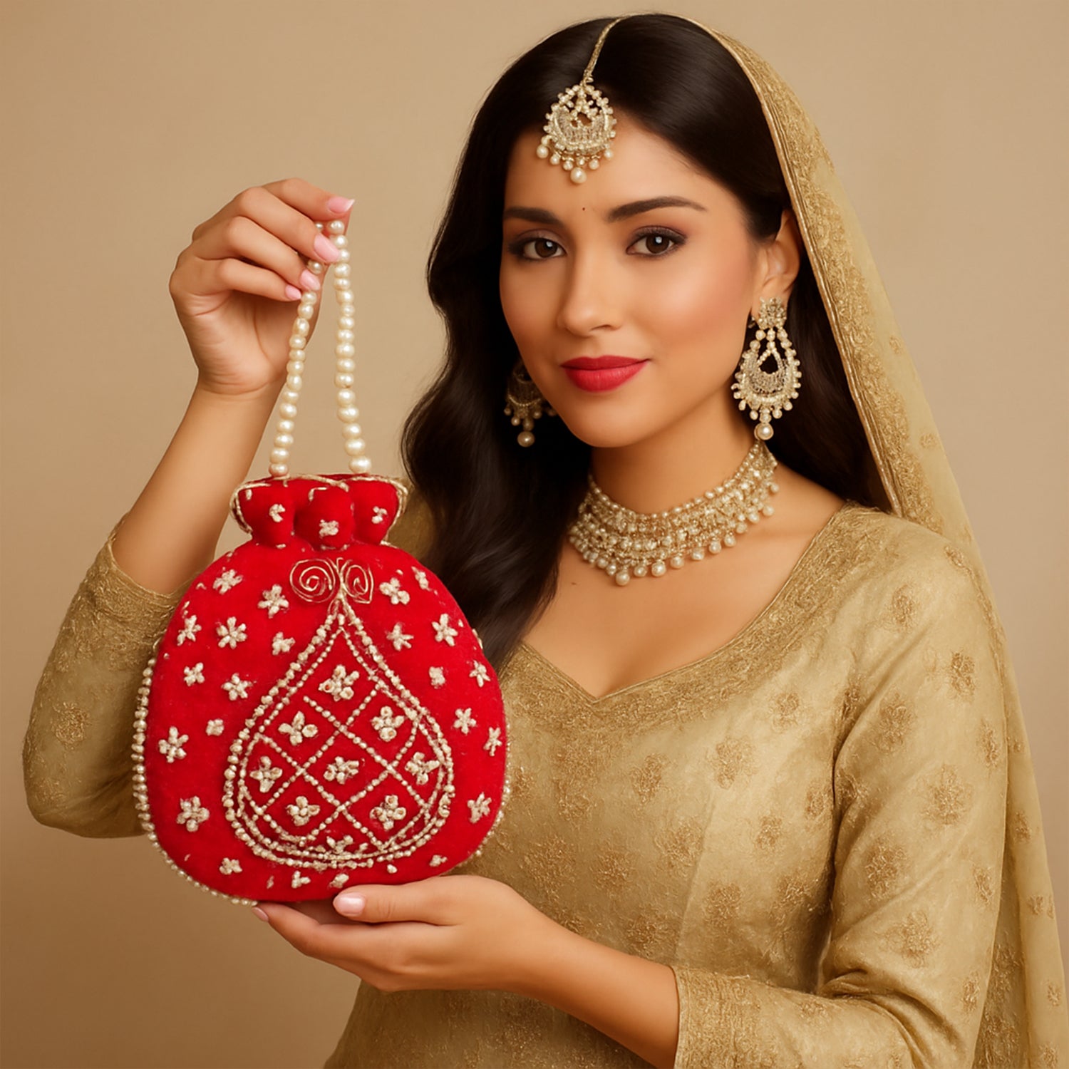 Pearl-Embroidered Potli Bag – Ethnic Elegance - Red