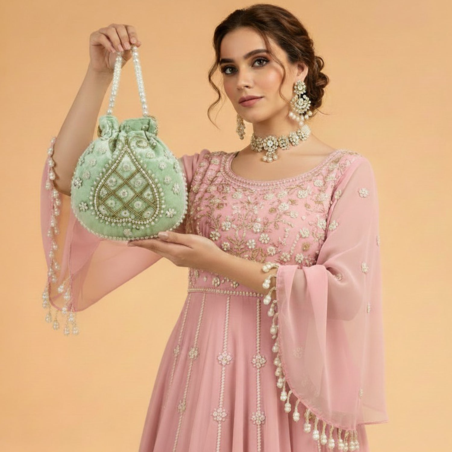 Pearl-Embroidered Potli Bag – Ethnic Elegance - light green