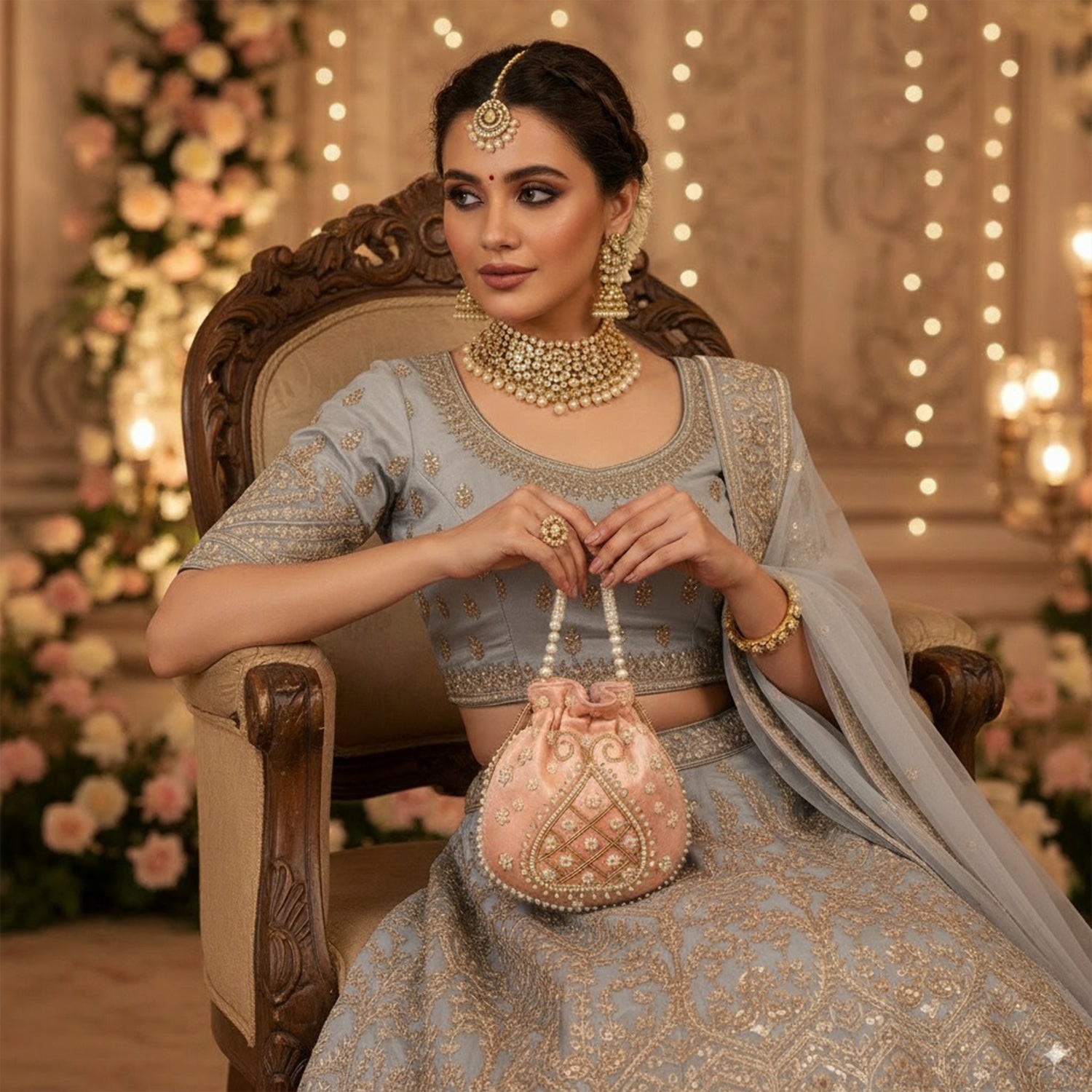 Pearl-Embroidered Potli Bag – Ethnic Elegance - Beige