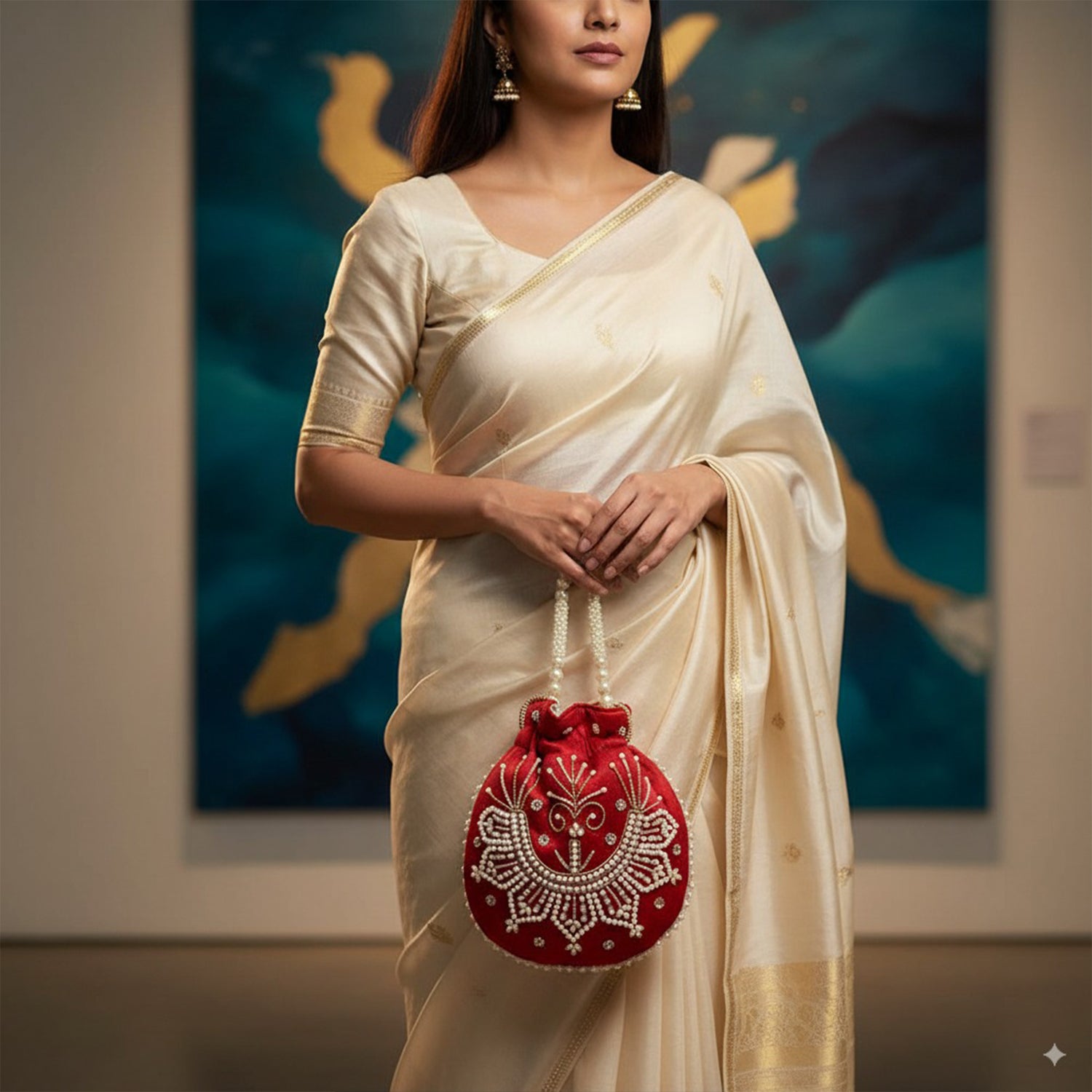 Pearl-Embroidered Potli Bag – A Royal Festive Essential - Maroon