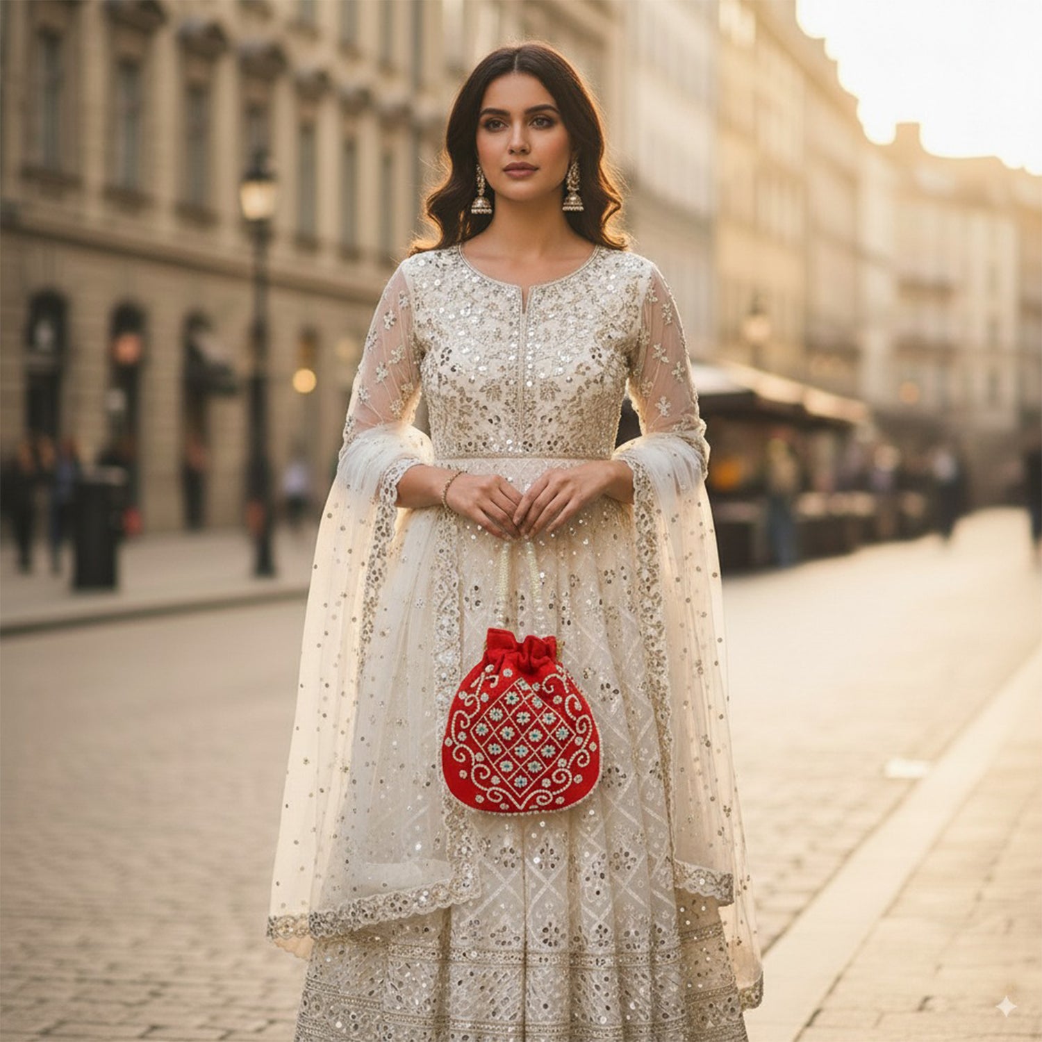 Pearl-Embroidered Potli Bag – A Timeless Ethnic Charm - Red