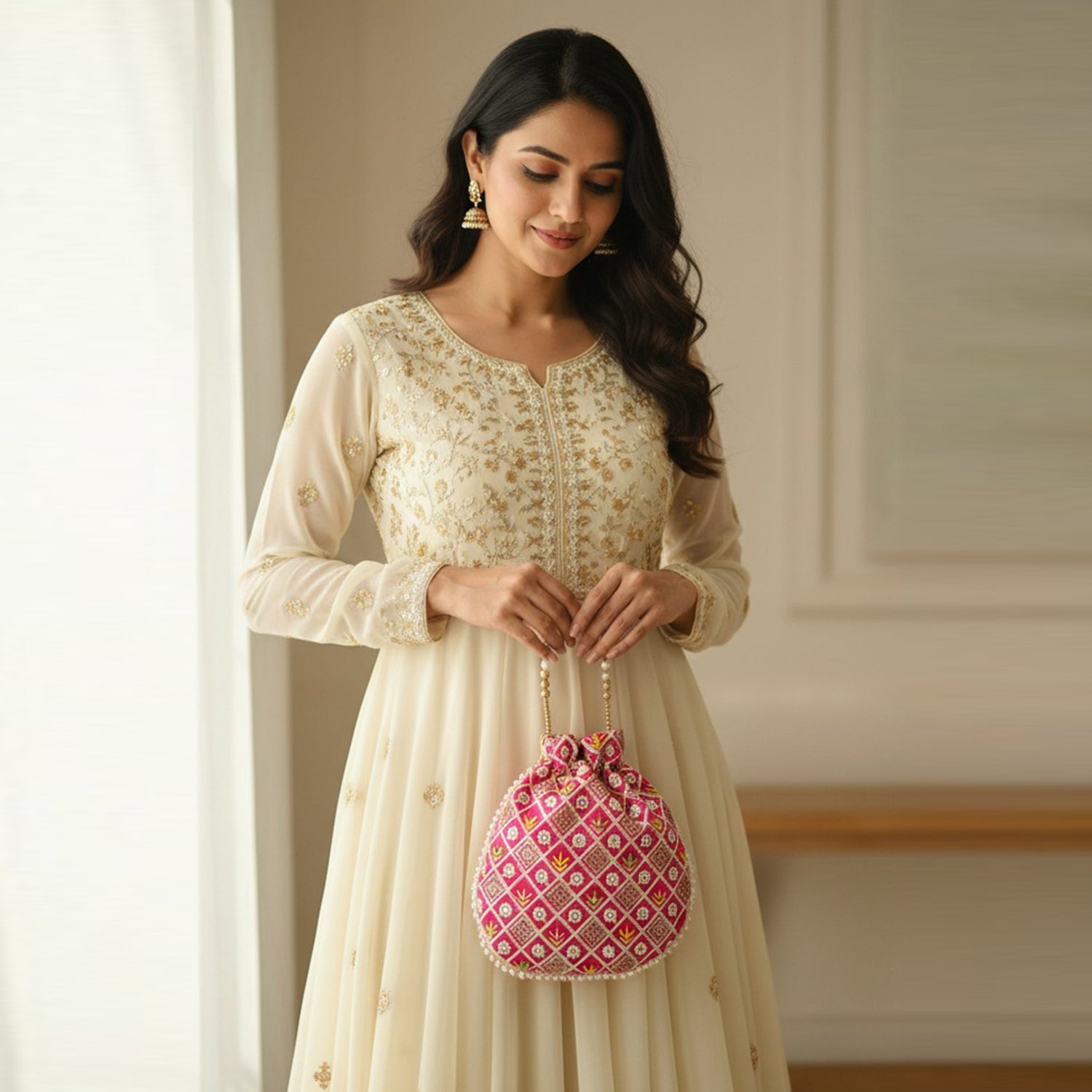 Elegant Potli Bag with Intricate Embroidery - Pink