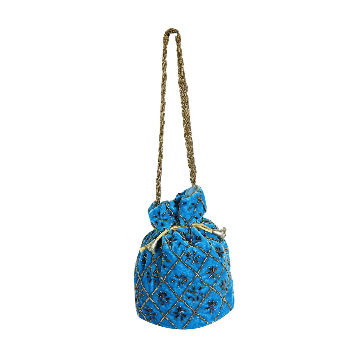 Women Blue Embroidered Potli Bag with Golden Bead Work & Chain Strap