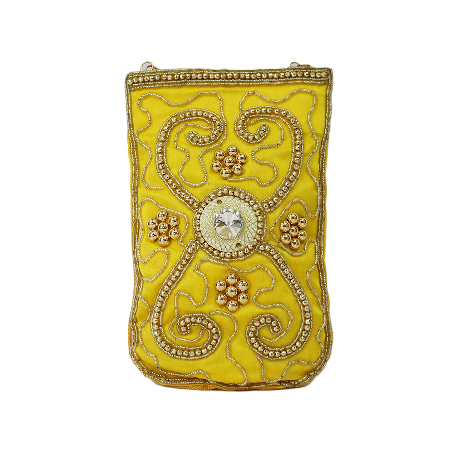 Women’s Embellished Mobile Pouch with Bead Work - Yellow